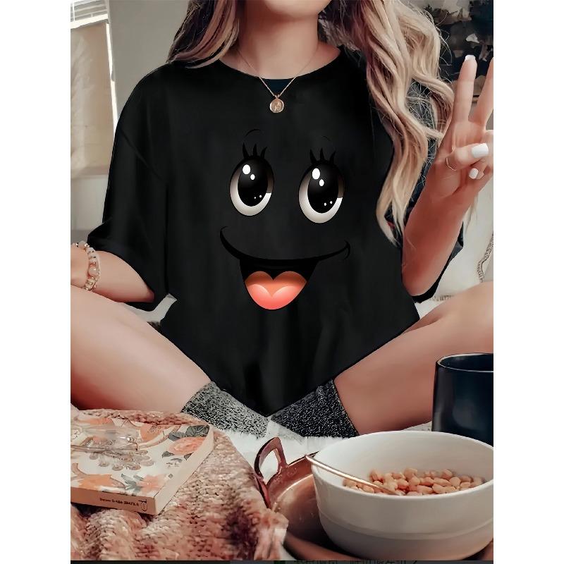 

European Size Fashion Women s Short-Sleeve T-Shirt - Adorable Cartoon Smile Print, Lively and Fun. Easy-to-match Comfortable Casual Round-neck Top 4XL чорний