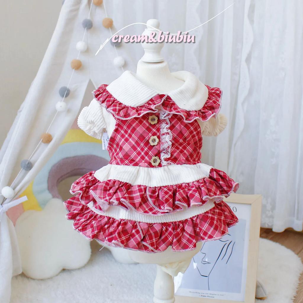 Pet Dog Cat Clothes Autumn Winter with Velvet Red Grid Suspender Fake Two-piece Skirt Four Legged Couple Outfit Puppy Clothes
