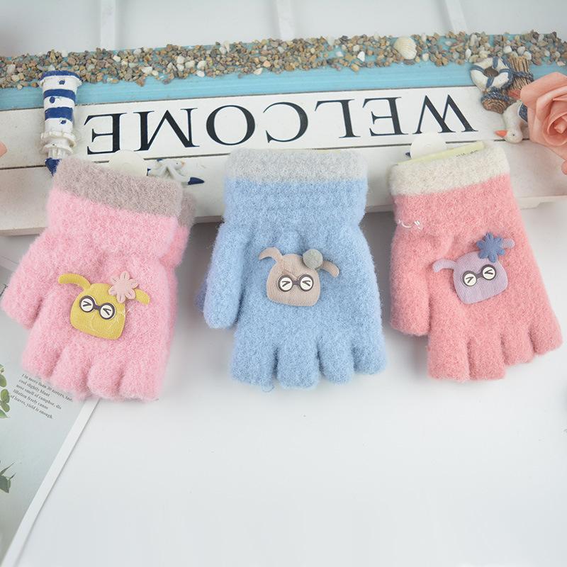 Vinternyhet stora och mellanstadiebarnens halvfingerhandskar, student skriva plysch varma tecknade ullhandskar