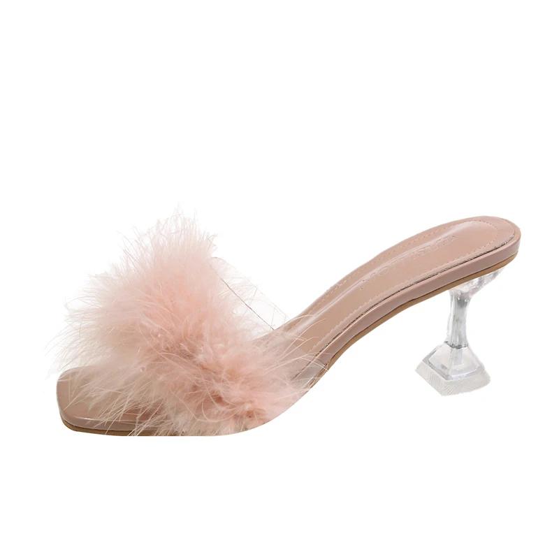 Fluffy Slippers Women Wear 2024 Summer New Fairy Style Sexy Everything Fashion Crystal Stiletto Heels Sandals