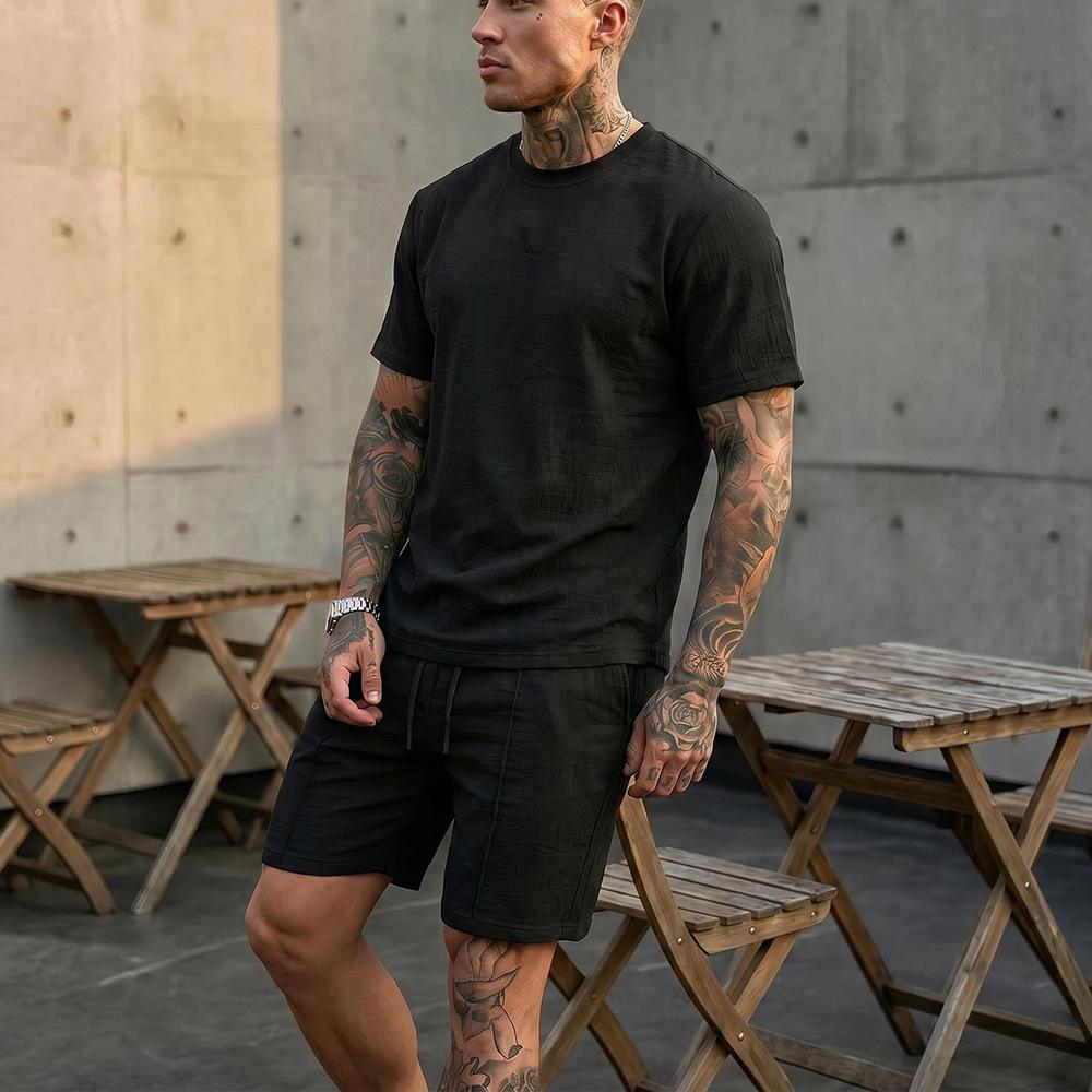 Mens Summer Linen Blend Short Sleeve T Shirt And Shorts Set M чёрный
