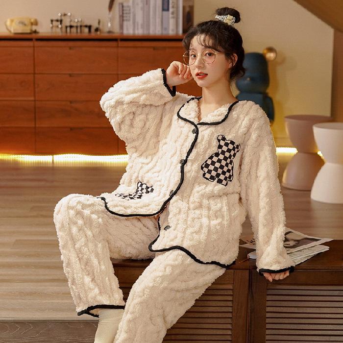 Coral Fleece Thickened Pajamas Women Autumn Winter Plush Added Sweet Cute Pink Girl Flannel Home Clothes Set Casual Nightwear