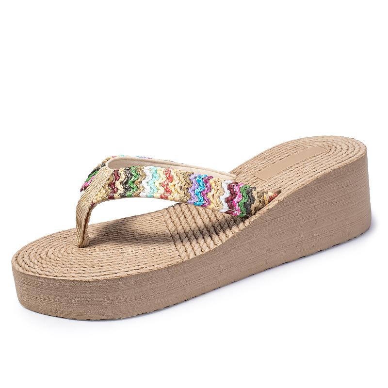 Women Summer Faux Straw Wedge Slippers - Comfortable Thick Sole Beach Sandals
