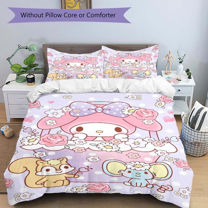 3pcs My Melody and Small Animals Pattern Bedding Set, 1* Cover + 2*Pillowcases, Printed Bedding Set, Soft and Comfortable.W068