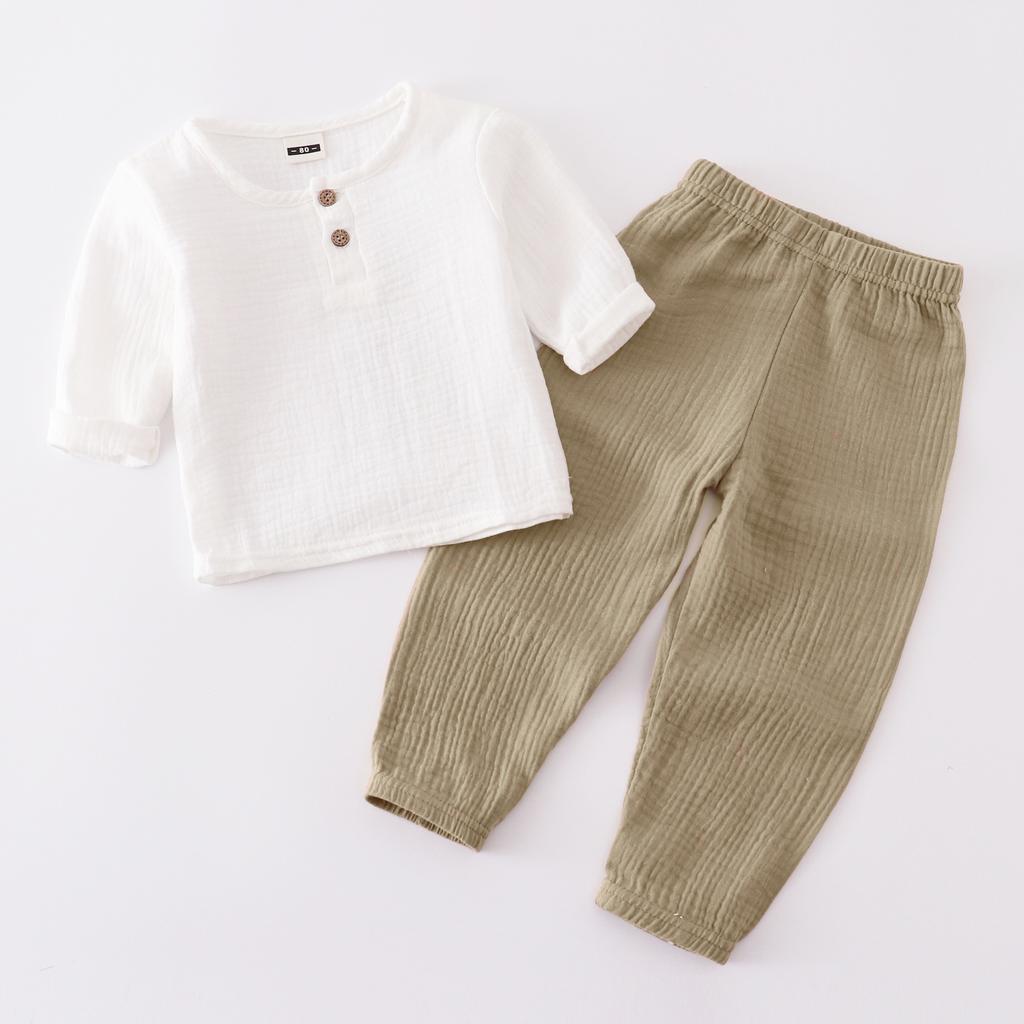 Kids Cotton Linen Long Sleeve Set Spring Summer Outfit Boys Girls Loose Two Piece Pure Color Breathable Comfortable