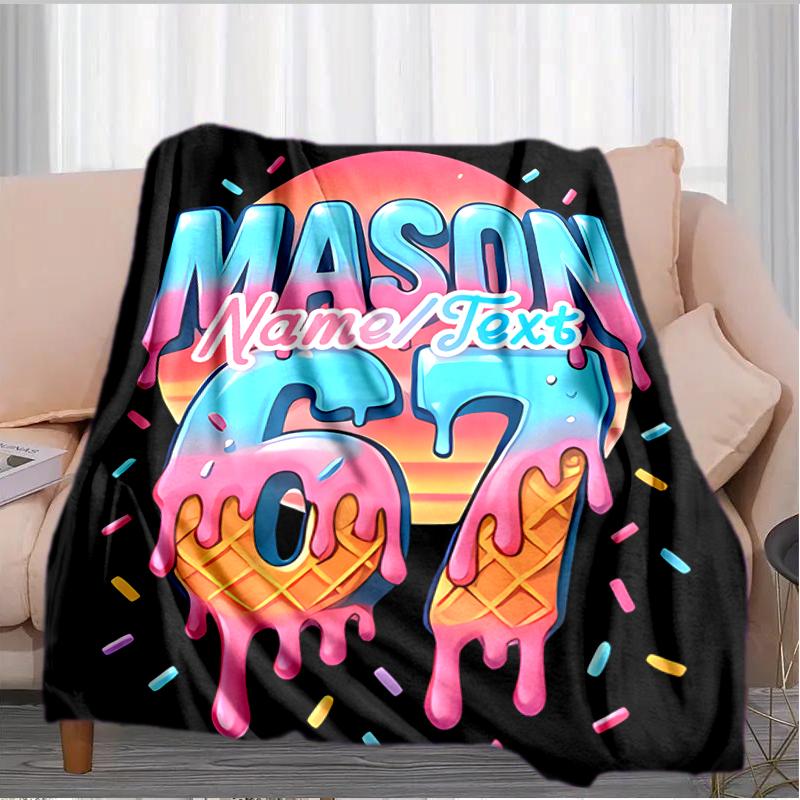 1PC Custom Name Sunny Ice Cream Celebration Flannel Blanket Versatile,all-season Throw Suitable for the Living Room,bedroom,camping,travel,and Gift