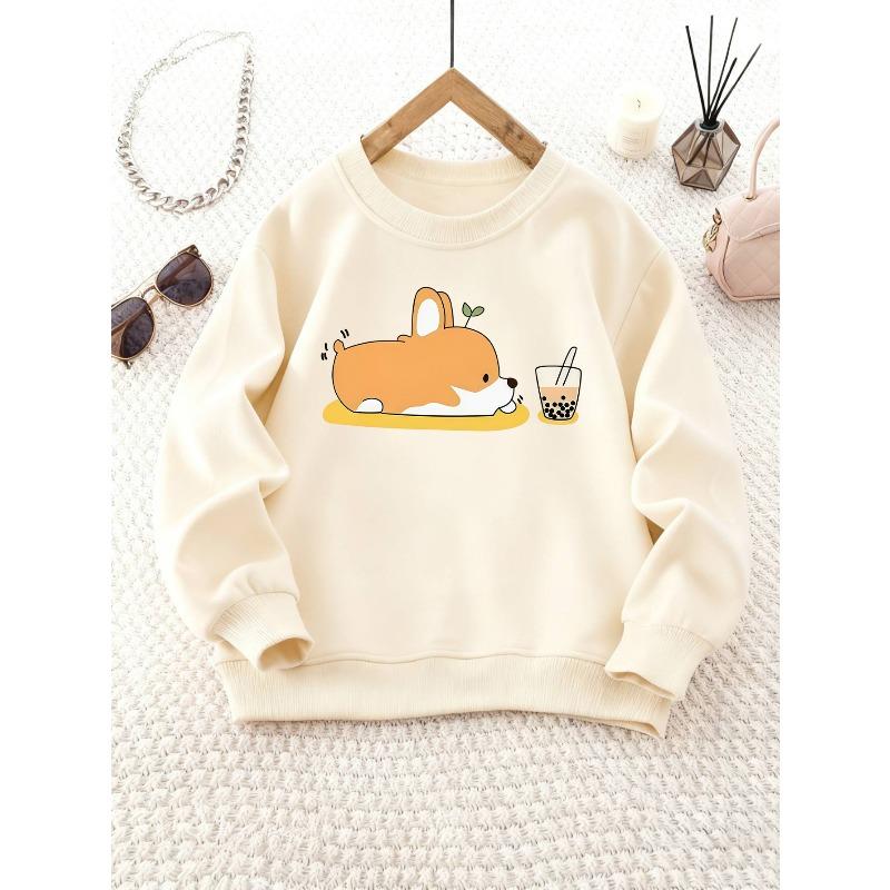 Girls' Round Neck Sweatshirt with Corgi and Bubble Tea Print, Essential for Back-to-School Season, Suitable for Parties
