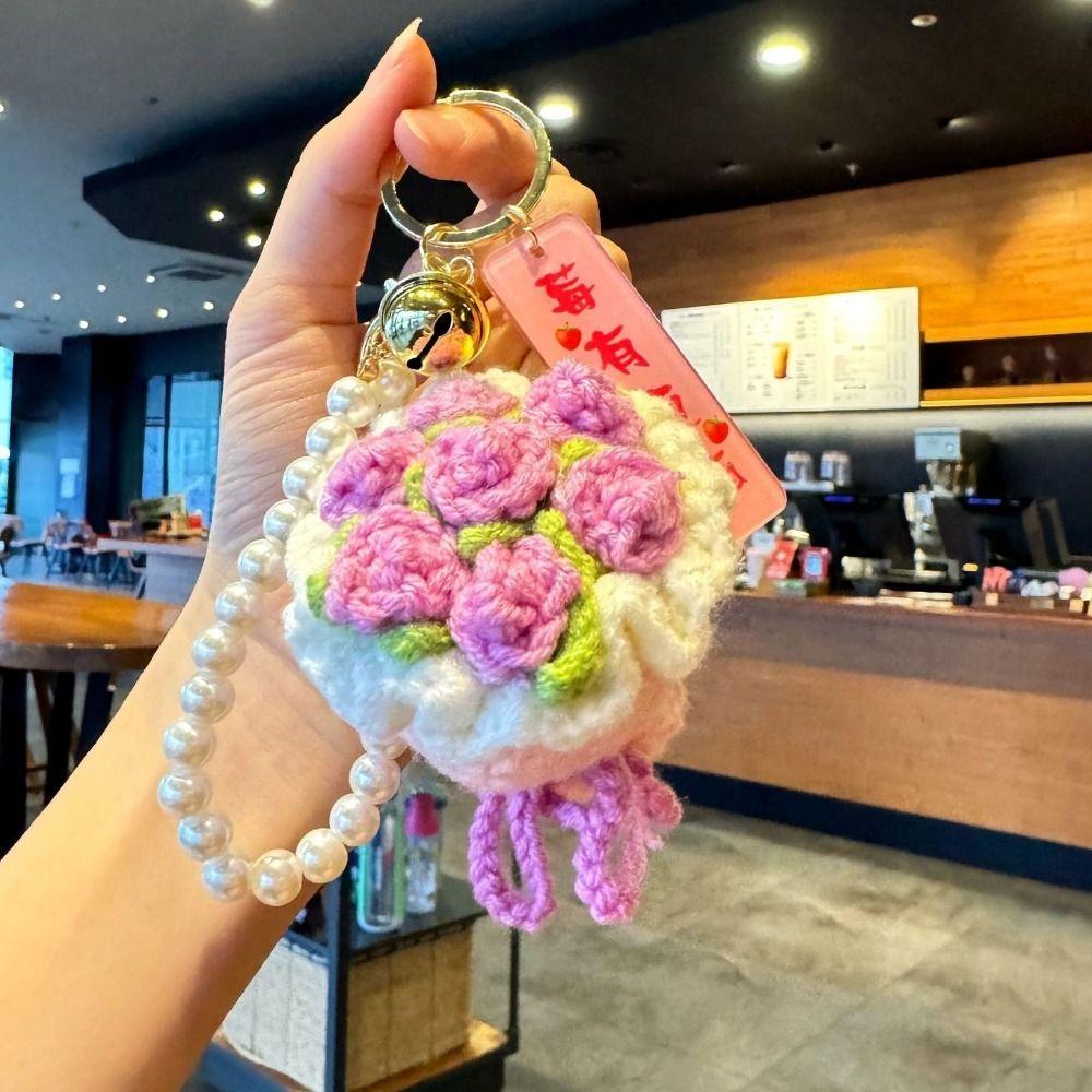 Sweet Flower Bouquet Keychain Rose Car Key Ring Cute Knitted Flower Pendant  Backpack Decor