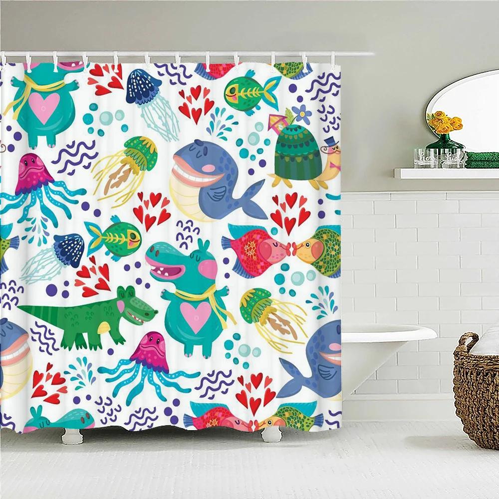 Cute Cat Shower Curtain Lovely Cartoon Funny Colorful Animal Pattern for Pet Kids Girls Fabric Bathroom Decor Curtains with Hook