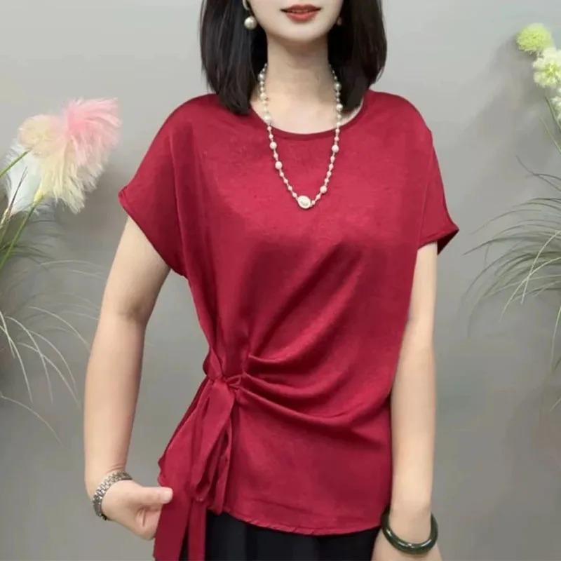 Womens Casual Solid Color Tie Waist Short Sleeve Blouse