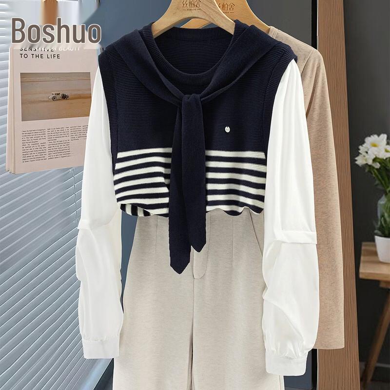 Women s Striped Round Neck Long Sleeve Knit Top One Size