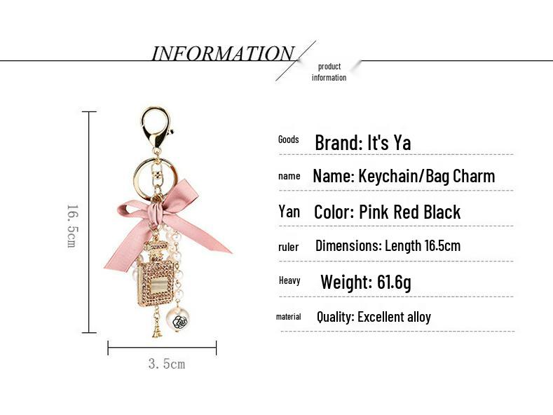 Korean-Style Handmade Rhinestone Perfume Bottle Keychain with Bow and Pearl Charm