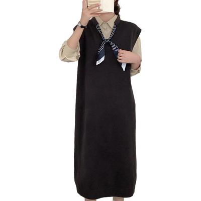 H2four Long Knit Vest Dress with Solid Layered Perfect for Office Winter Women's V-Neck, Ribbon, Sleeveless, Warm, Figure-Flattering, Slimming,