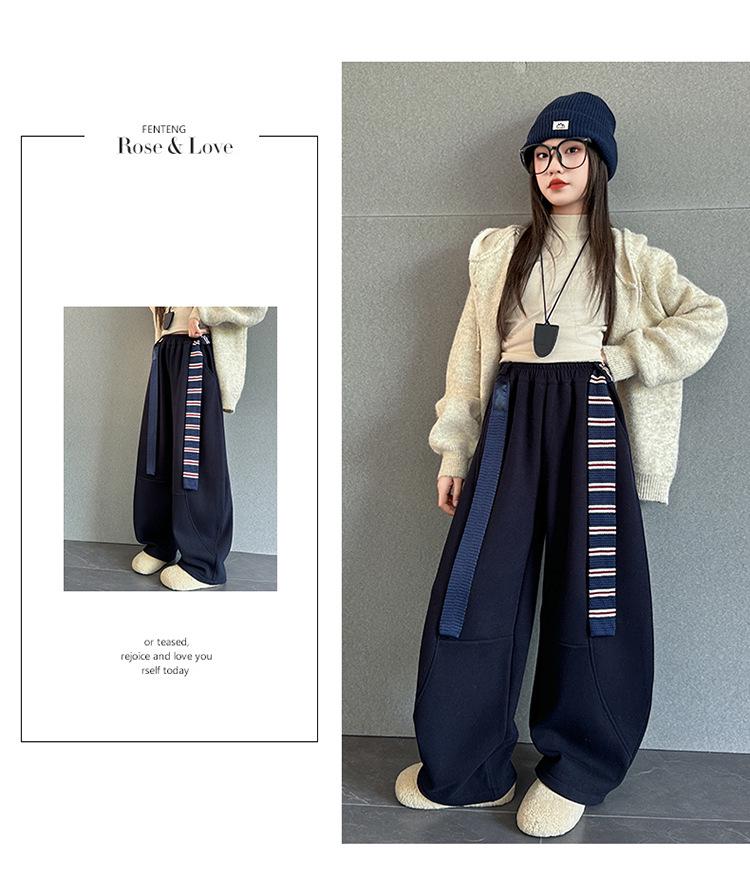 2025 Autumn/Winter Girls' Fleece-Lined Scimitar Sweatpants - Thick, Warm Sports Pants for Big Kids
