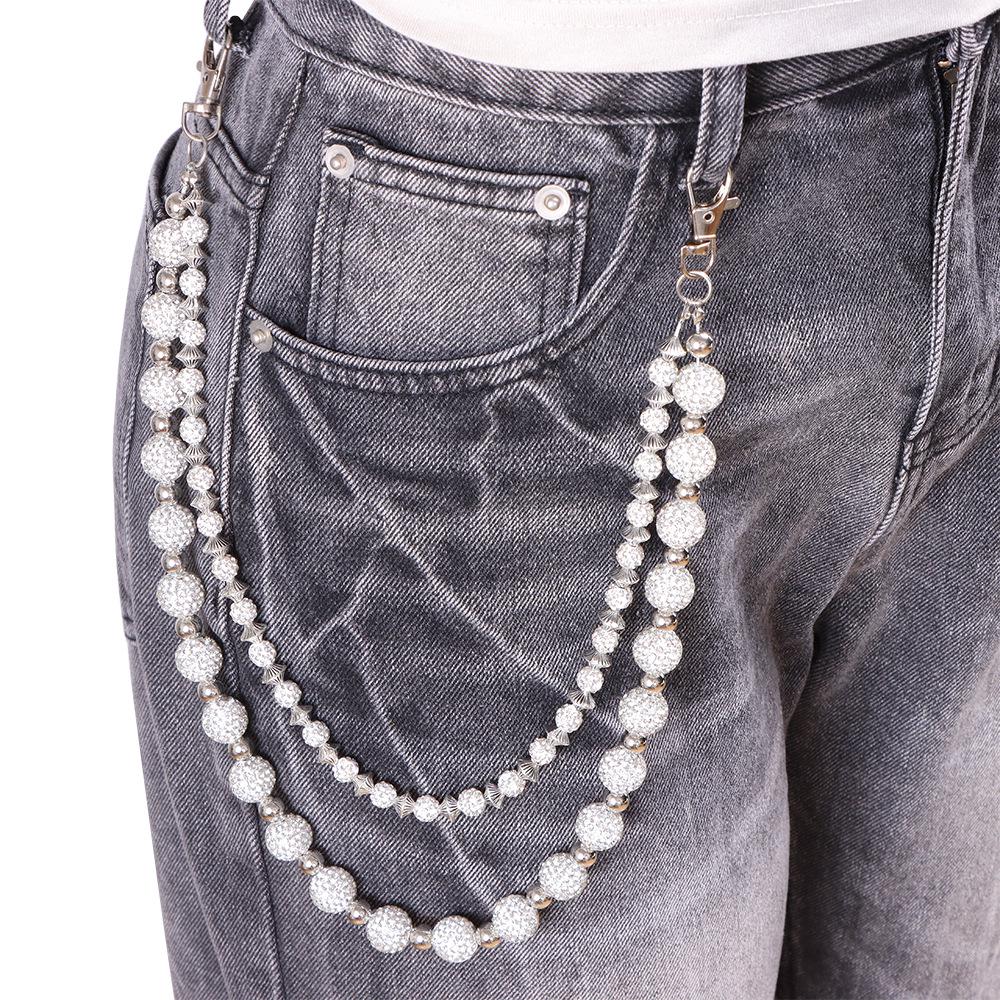 Unisex Rhinestone Double-Layer Hip Hop Waist Chain - Trendy Punk Denim Pants Accessory