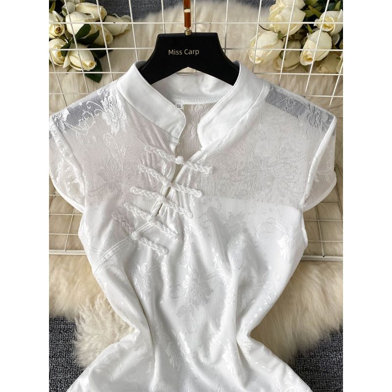 Retro New Chinese Zen Cheongsam Dress Women's Summer Buckle Jacquard Stylish Pure Want to Waist Bodycon Dress