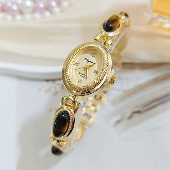 Ladies Vintage Bracelet Watch Retro Oval Dial Quartz Wristwatch Elegant Faux Gemstone Dress Watch for Office Date Party