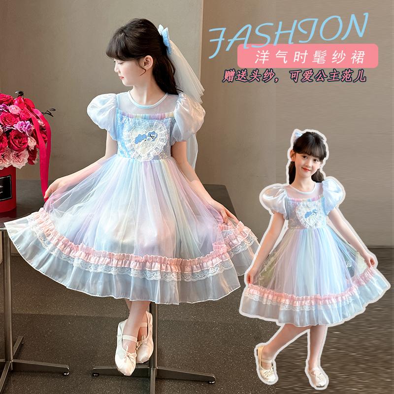 Girls' dress summer 2026 new style girls' big girl summer trendy bubble sleeves ponytail dress summer princess dress trend