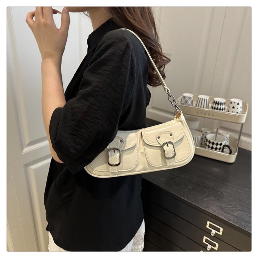 Double Pockets Women's Armpit Bag Vintage Zipper Handbag Trendy Pu Leather Shoulder Bag  Female