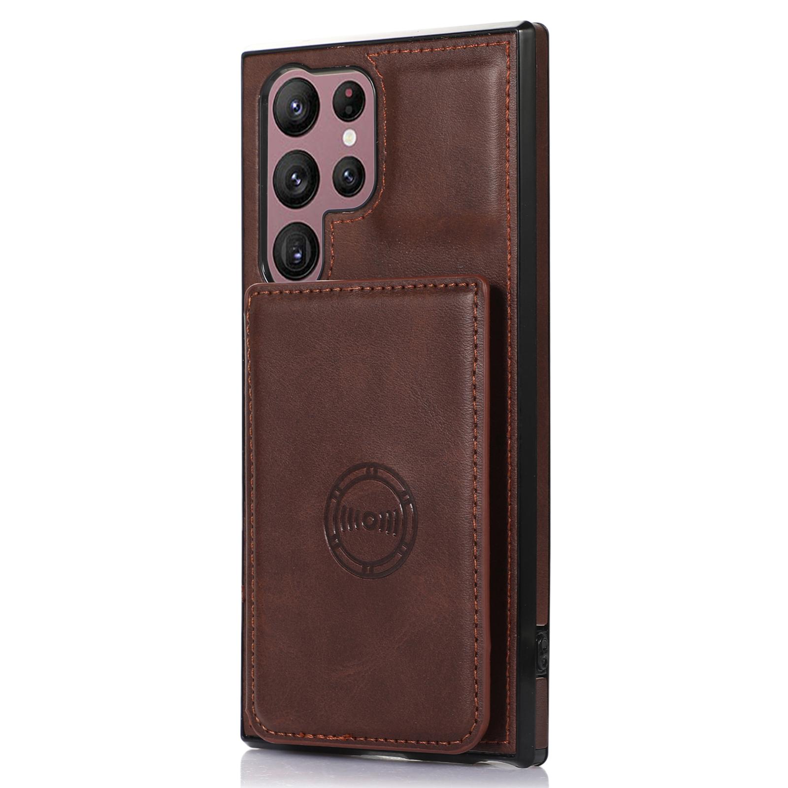 

For Samsung Galaxy S23 Ultra PU Leather Coated TPU Case Card Holder Kickstand Anti-Drop Phone Cover with Car Mount Metal Sheet Rose Gold