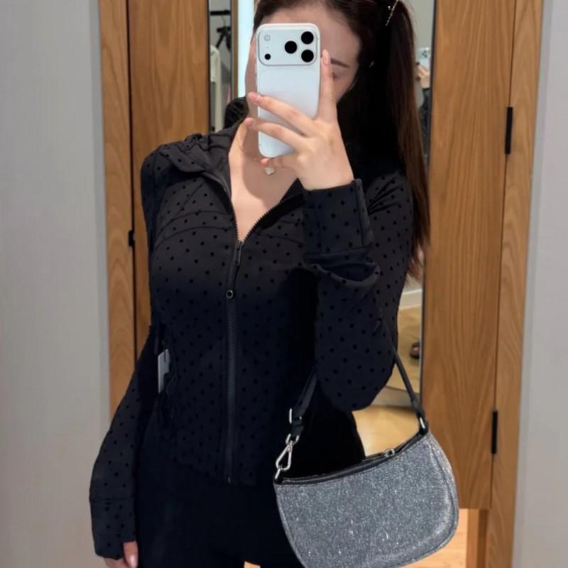 Flocked Polka Dot Cropped Stand Collar Jacket Womens Slim Fit Yoga Gym Pilates Activewear