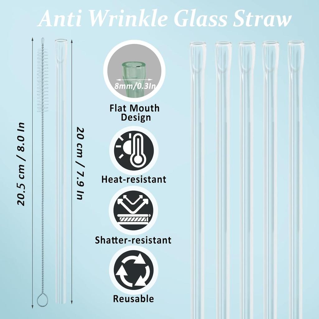7.9 in Anti Wrinkle Straw, 5 Pcs Flat Mouth Glass Straws Shatter Resistant for Lip Wrinkles Prevention with Cleaner Brush, Reble Glass Drinking