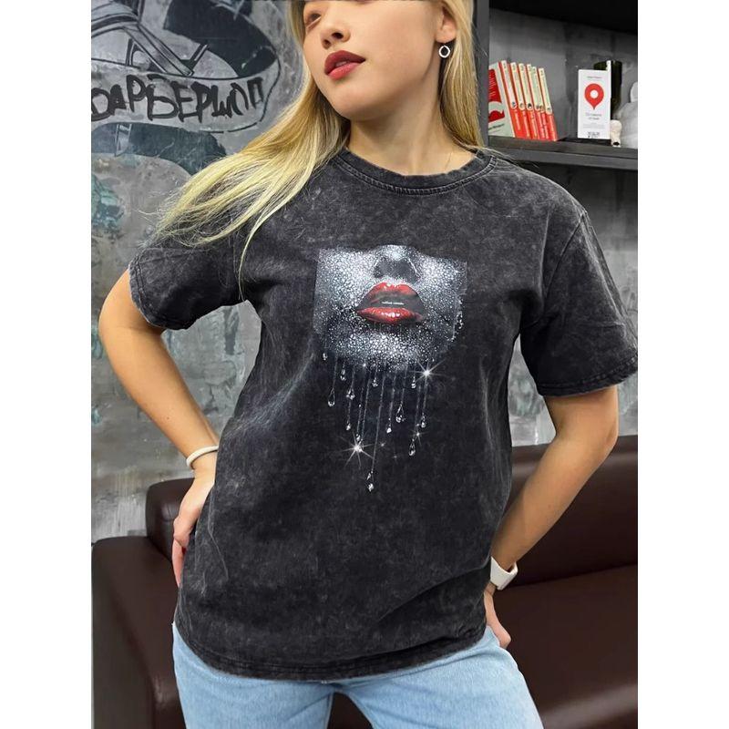 European and American Fashion Casual Loose Washed Distressed Print T-shirt Top Loose Printed T-shirt Top