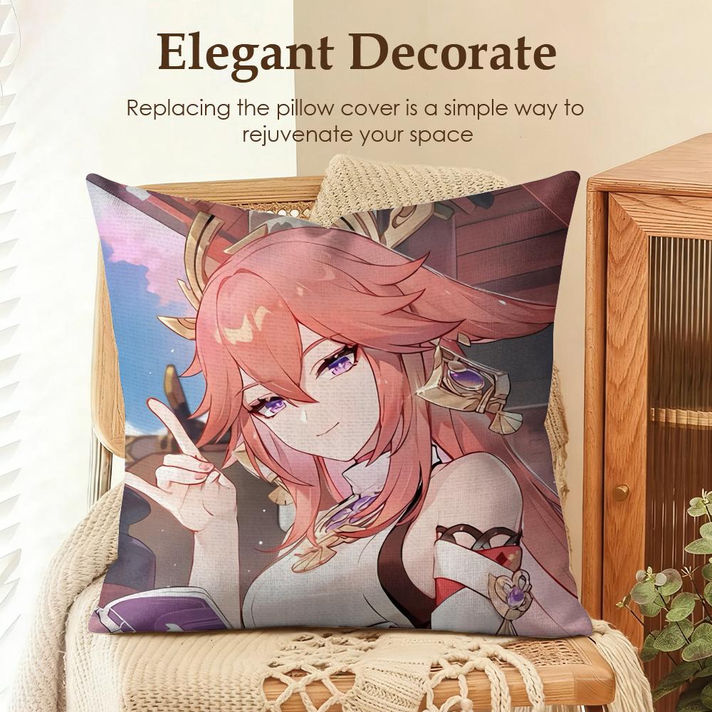 Yae Miko Genshin Impact Cushion Cover Natural Linen Organic Fabric DoubleSided Printing Sofa Home Decor Gift Pillow Case