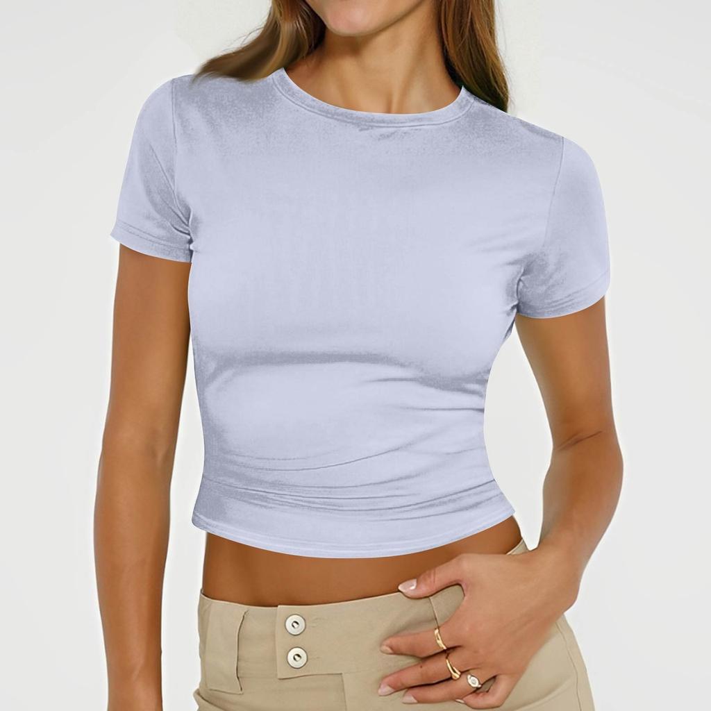 Ladies Summer Fashion Casual Color Round Neck Short Sleeve Slim Ribbed Top