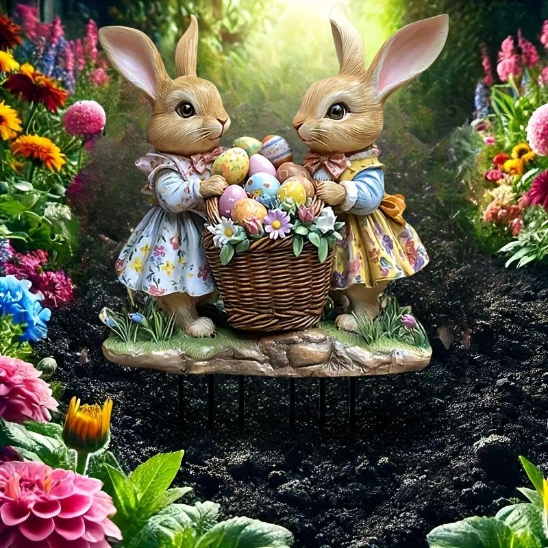 2D Easter Bunny Garden Stand Flat Printing, Acrylic Bunny Statue with Basket, Outdoor Lawn and Garden Decoration, Easter Theme
