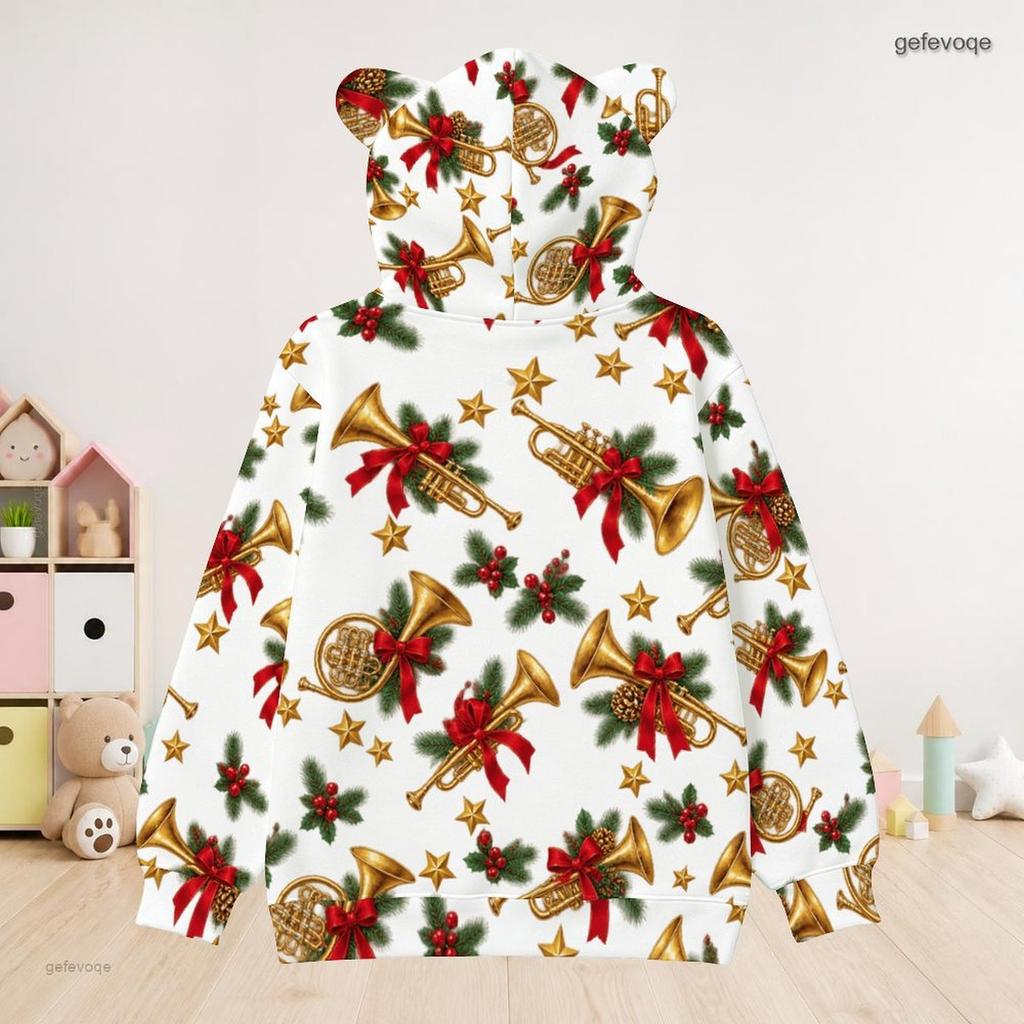 Girls Long Sleeve White Christmas Printed Bear Ear Hooded Varsity Jacket