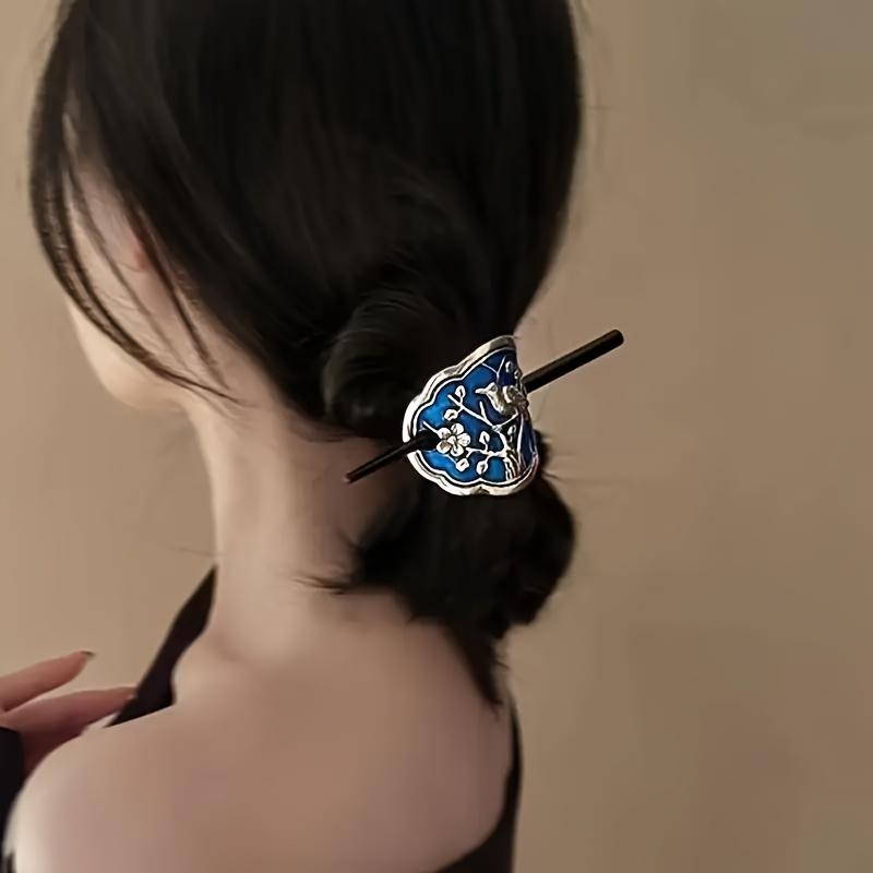 [Elegant Hairpin] Vintage Blue Enamel Hairpin - Elegant Alloy Floral Hair Accessory | For Women and Girls, Ideal for Valentine's Day, Polished Finish