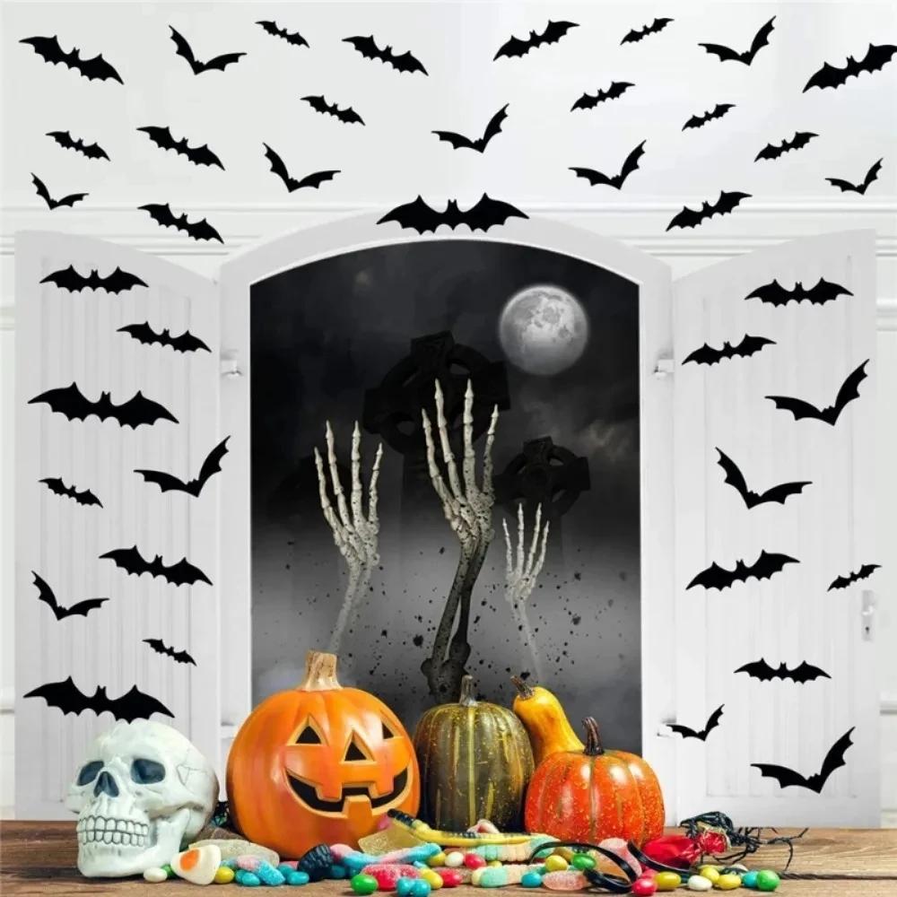 72pcs 3D Black PVC Bat Wall Stickers Halloween Decorations Scary Party Props DIY Home Bar Room Decoration for Spooky Halloween Night