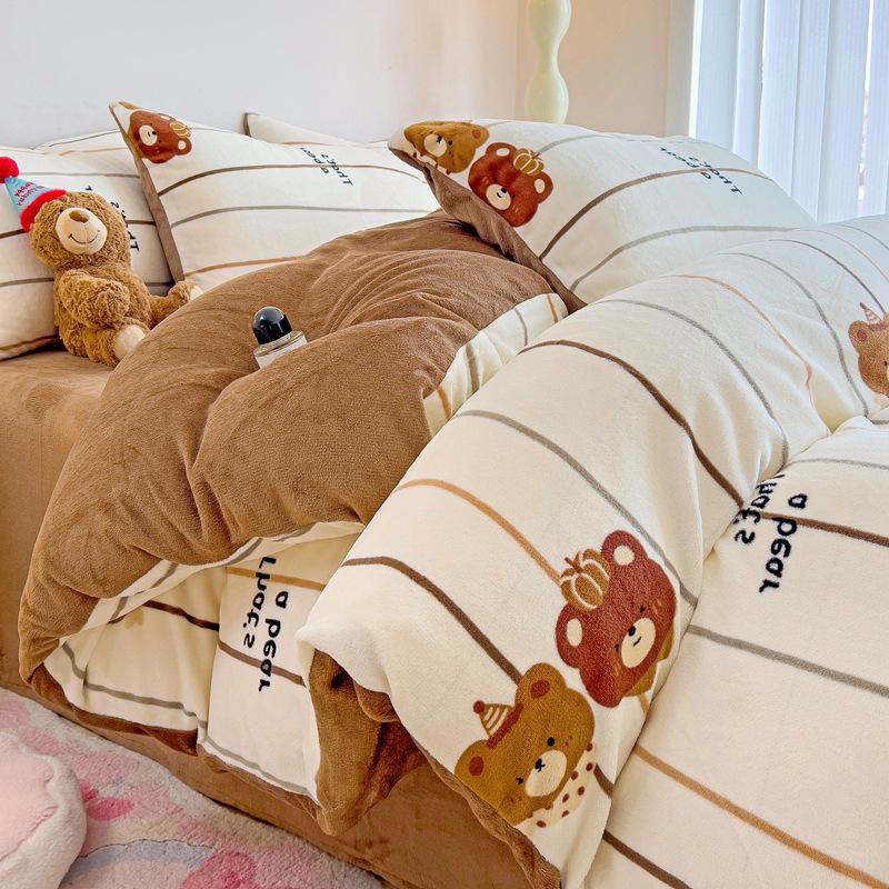 Thickened Milk Fleece Four-Piece Set Double-Sided Coral Flange Fleece Bed Sheet Quilt Cover Three-Piece Set Of Bed Hat