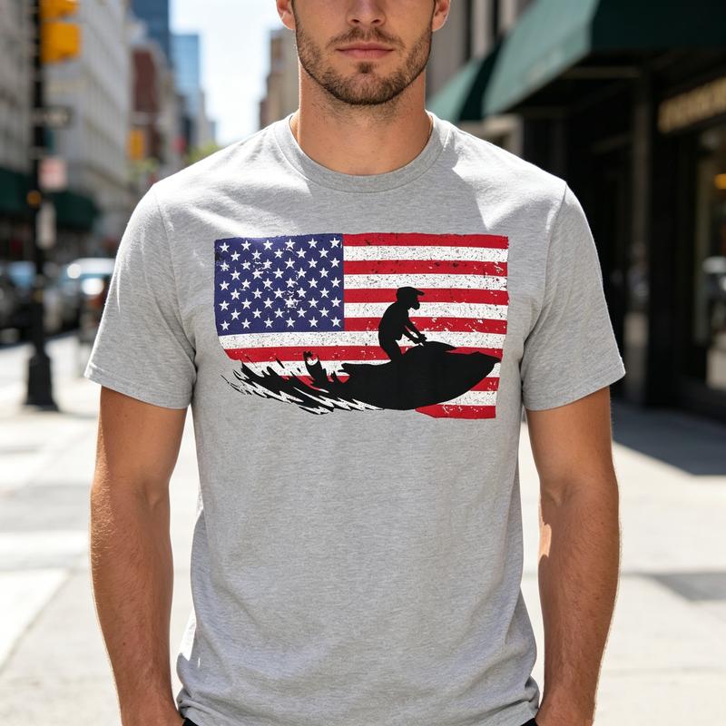 American Flag Jet Ski Graphic T Shirt Vintage USA Flag Jet Skiing Print Unisex Soft Cotton Crew Neck Short Sleeve Trendy Casual