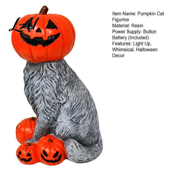 Whimsical Cat Halloween Statue Lighted Pumpkin Figurine Spooky Tabletop Resin Sculpture Indoor Window Display Accessory Autumn Fall Ornament