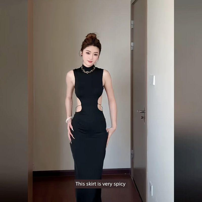 

Xiaoke Wiwi European and American Butterfly Hollow-out Backless Dress Women Sexy Temperament Gyaru Style Slimming Split Long Skirt Black L