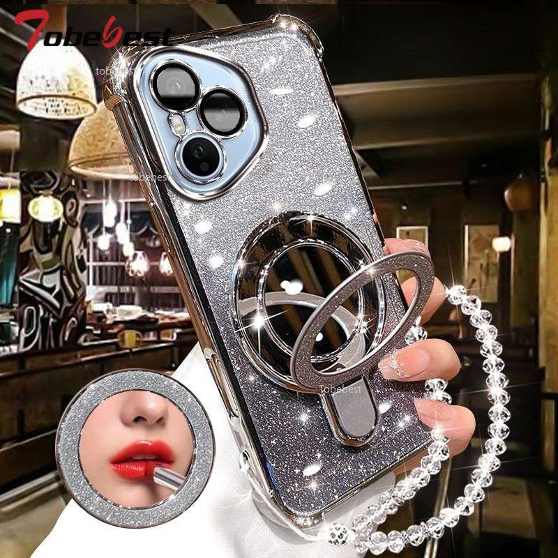 For Huawei Honor 400 Lite 300 Ultra 200 100 90 Pro Case Glitter Plating Makeup Mirror Magnetic Phone Holder Bracelet Cover