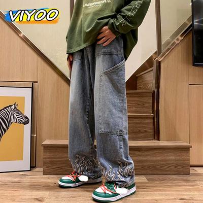 Erkek Moda Y2K Giysileri Vintage lüks Kot Erkekler Yangın Nakış Yüksek Kaliteli Baggy Düz Pantolon Kot Pantolon Kot Erkekler Için streetwear