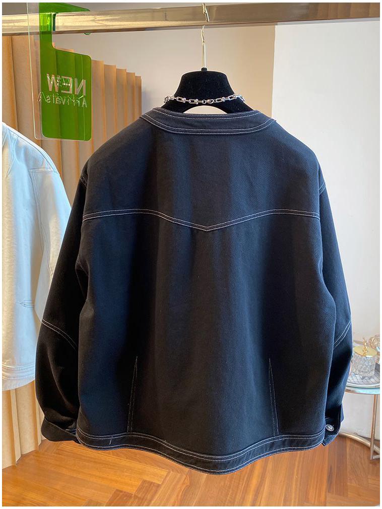 Biała Szeroka Jeansowa Kurtka Damska Sense - Luźna, Bez Kołnierza, Zakrzywiony Detal na Wiosnę i Jesień 2025