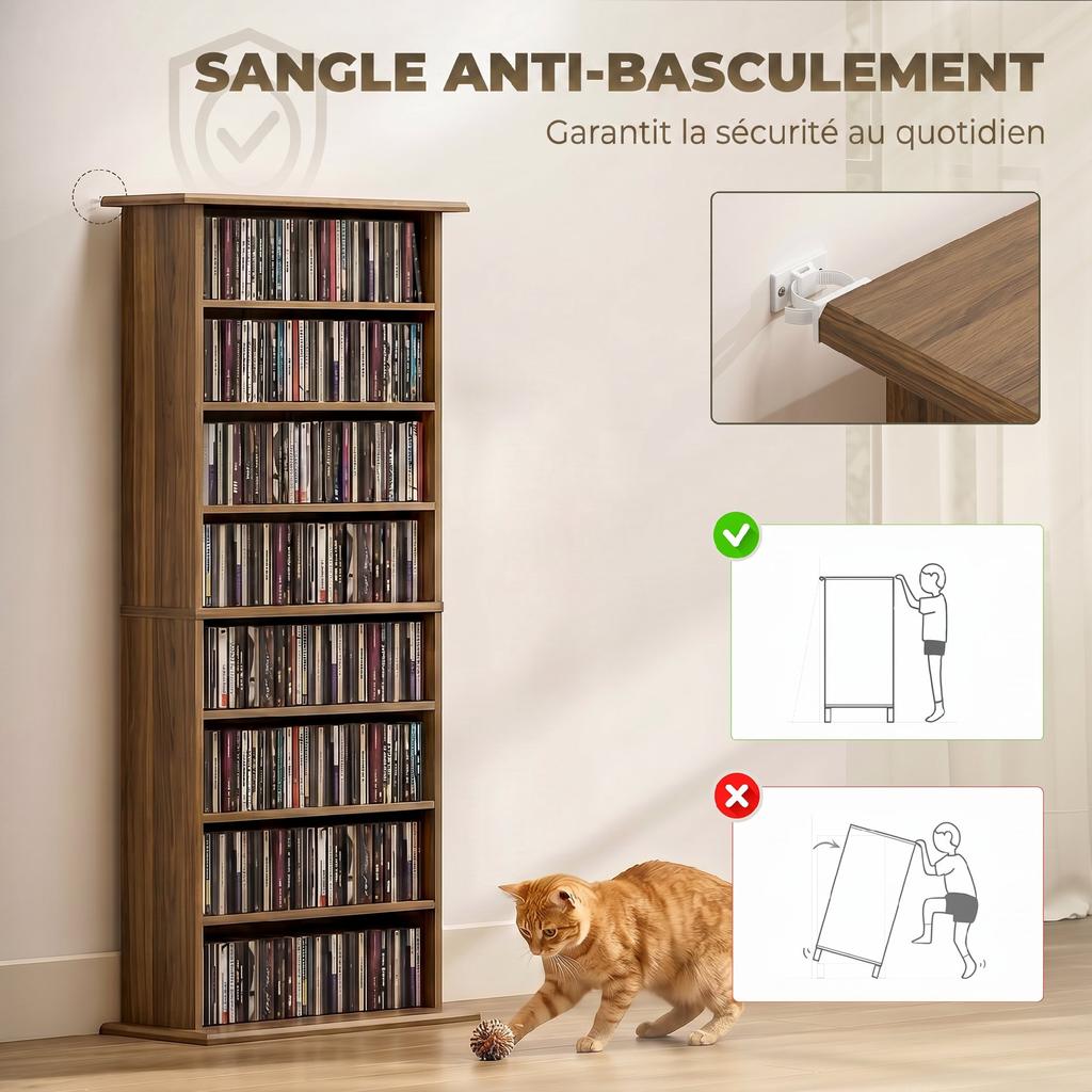 CD/DVD Storage Unit, 8 Compartments, 6 Adjustable Shelves, 360 CDs / 185 DVDs, Walnut