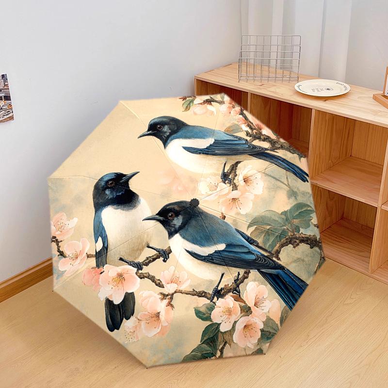 1 Stück Automatischer Faltregenschirm - Muster mit Vögeln auf Ästen, Tragbares & Faltbares Design mit 8 Speichen, Weihnachts-Geburtstagsgeschenke