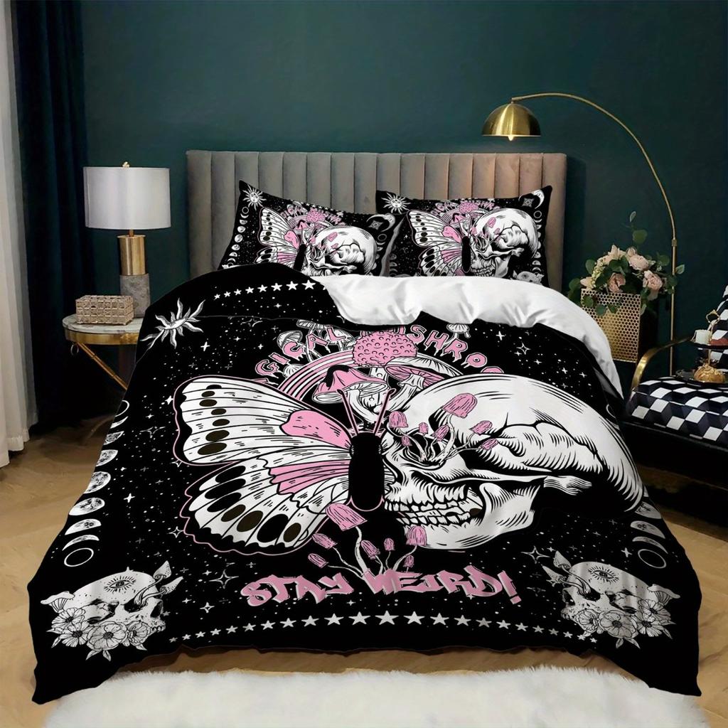 Skeleton Butterful 3D-tryckt sängklädesset Halloween Gotisk stil Polyester Bekväm King Queen Twin Storlek för Födelsedagspresenter