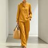 Women's Lazy Style Suit: Lotus Leaf Sleeve Stand Collar Shirt & Loose Straight Leg Pants Set