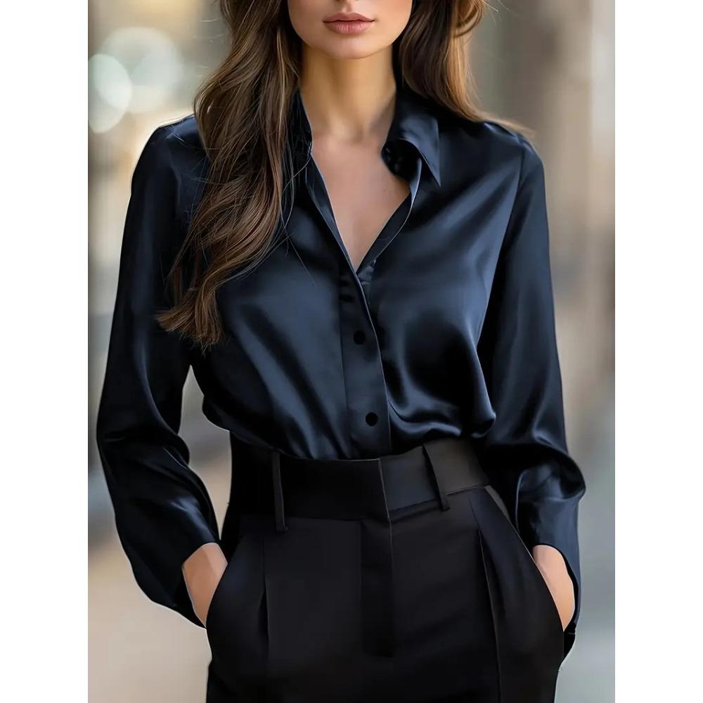 Spring and Autumn Plain-color Fashionable and Elegant Long-sleeved Button-down Blouse for Women