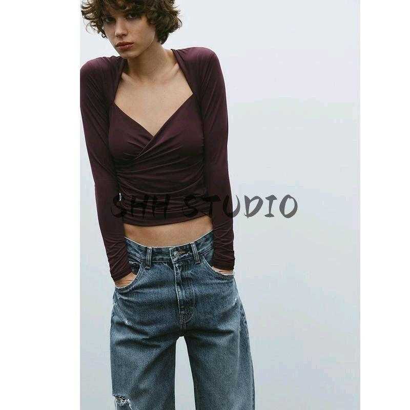 Spring New Women's Clothing Fashion Pure Desire Wind Minimalist Nylon Ruched Long Sleeves Vertical Collar Top 3641315