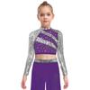 Mädchen Rollkragen Langarm Pailletten Strass Crop Top Cutout Rücken Druckknopf Tanz Top