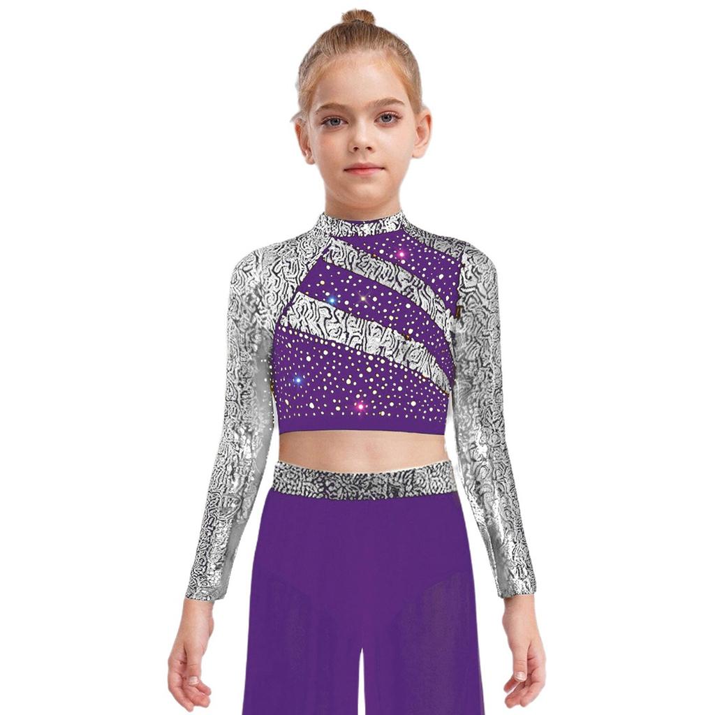 Mädchen Rollkragen Langarm Pailletten Strass Crop Top Cutout Rücken Druckknopf Tanz Top