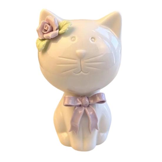1/2Pcs Ceramic Bow Cat Figurine, Sitting Kitten Statue with Flower Decor, Mini Animal Desktop Ornament for Home Office