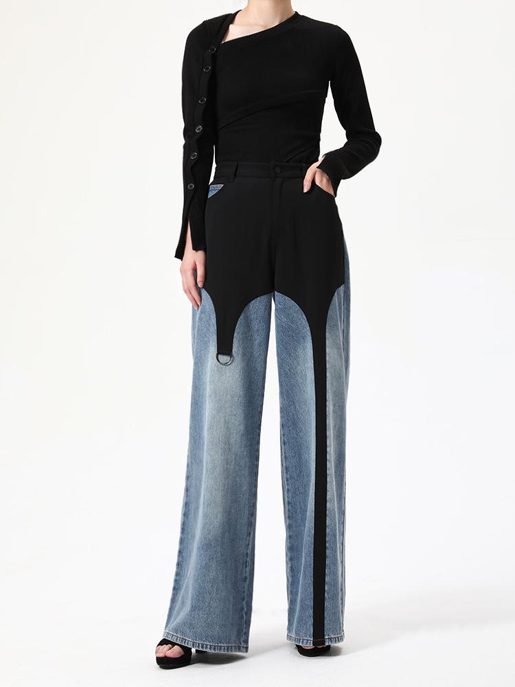 Herbst Europäischer Amerikanischer Stil Schwarz Blau Unregelmäßiger Patchwork Weiter Bein Laufsteg Jeans für Damen